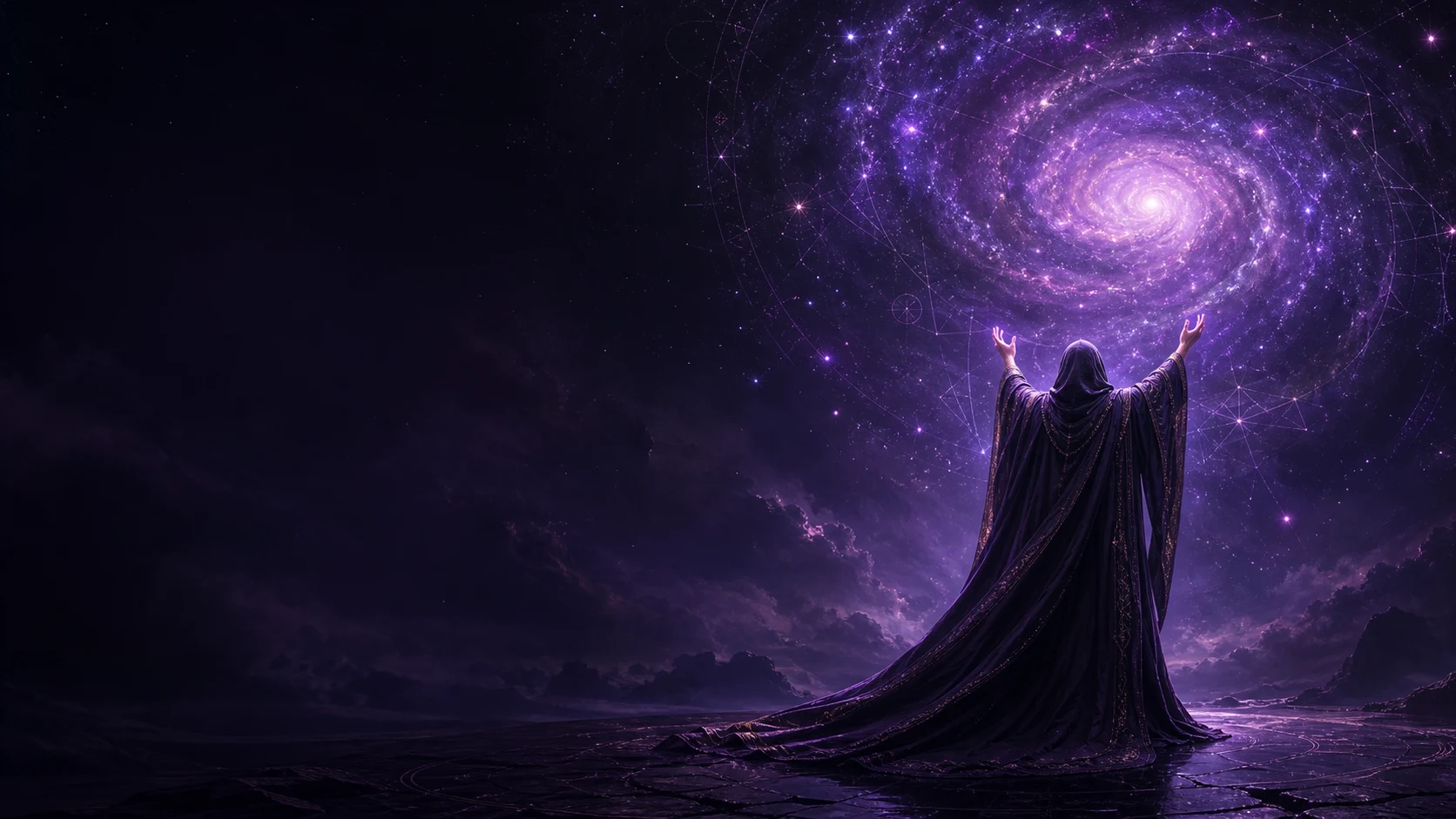 A solitary technomancer reaching toward a spiral galaxy