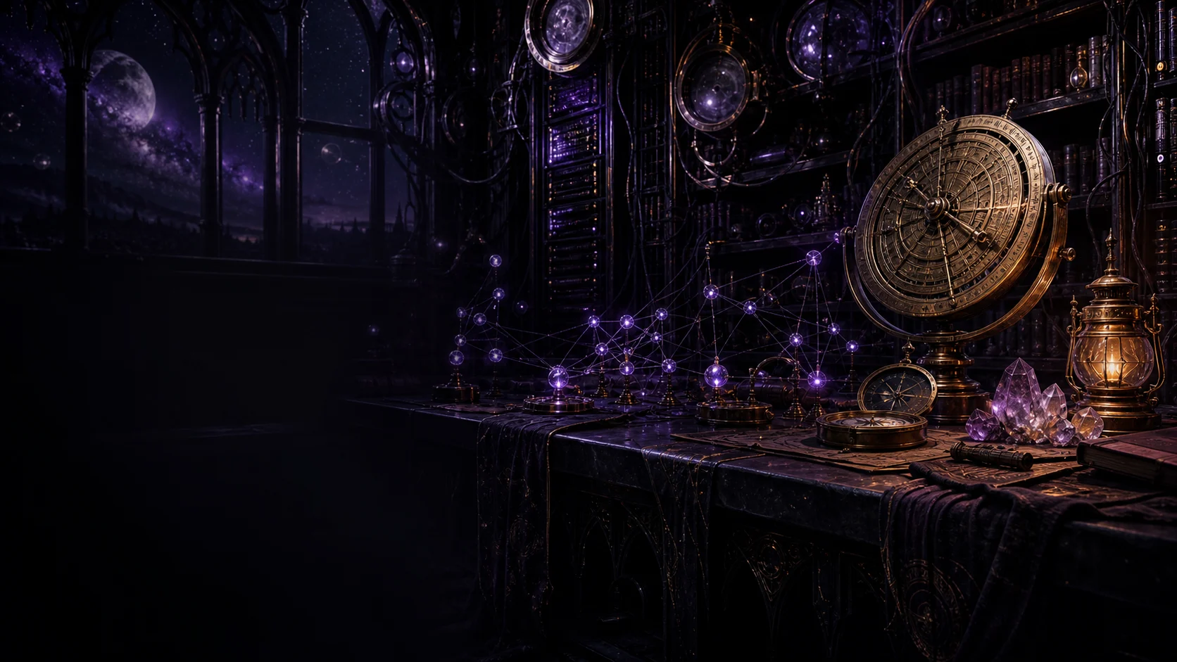 A midnight observatory instrument room with a brass astrolabe, violet network lights, crystals, books, and an amber lantern