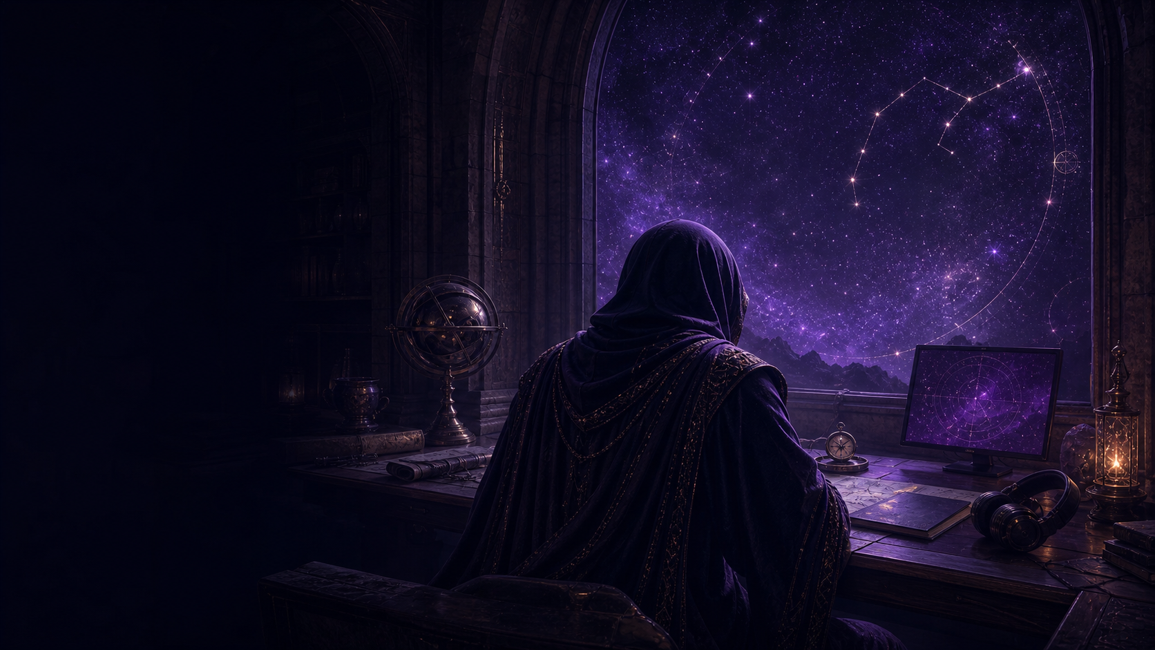 A cloaked operator at an observatory desk beneath a violet constellation sky