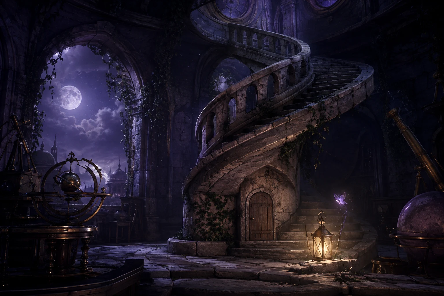 A lantern lights a winding stone stairway inside a moonlit fantasy observatory