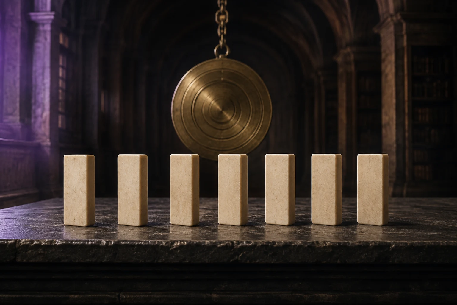 Seven upright stone dominoes arranged beneath a brass pendulum