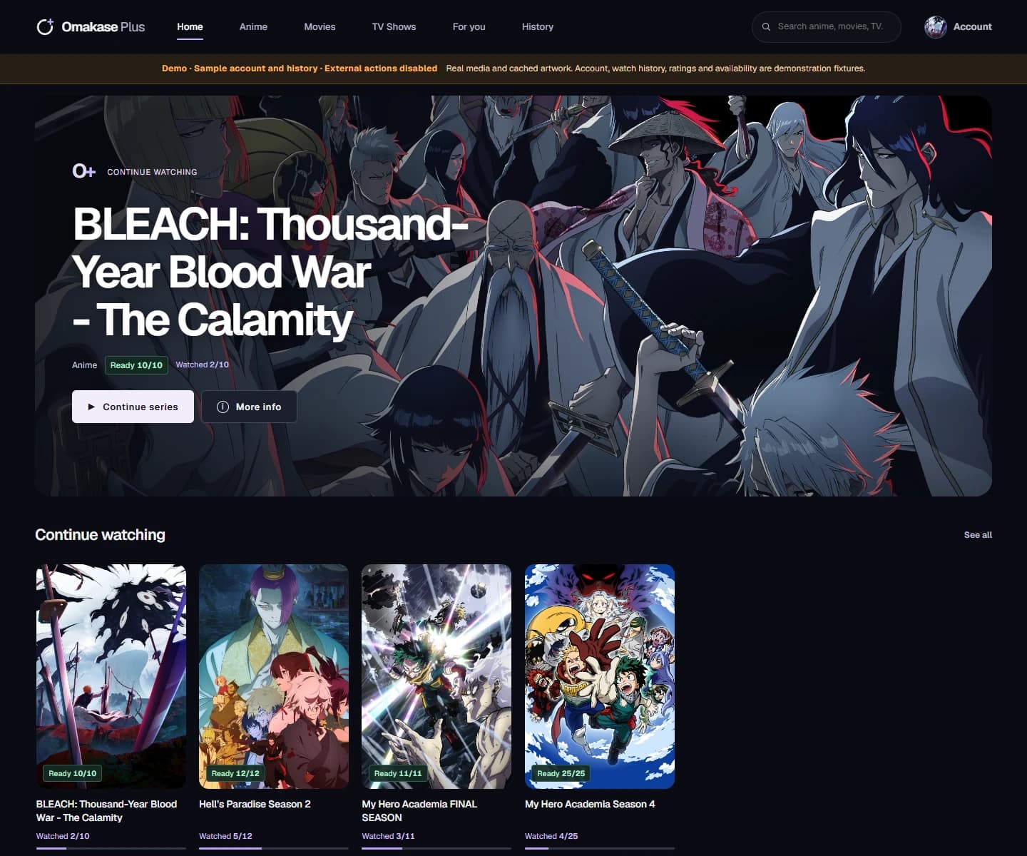 Omakase Plus home with real anime artwork and sample viewing progress