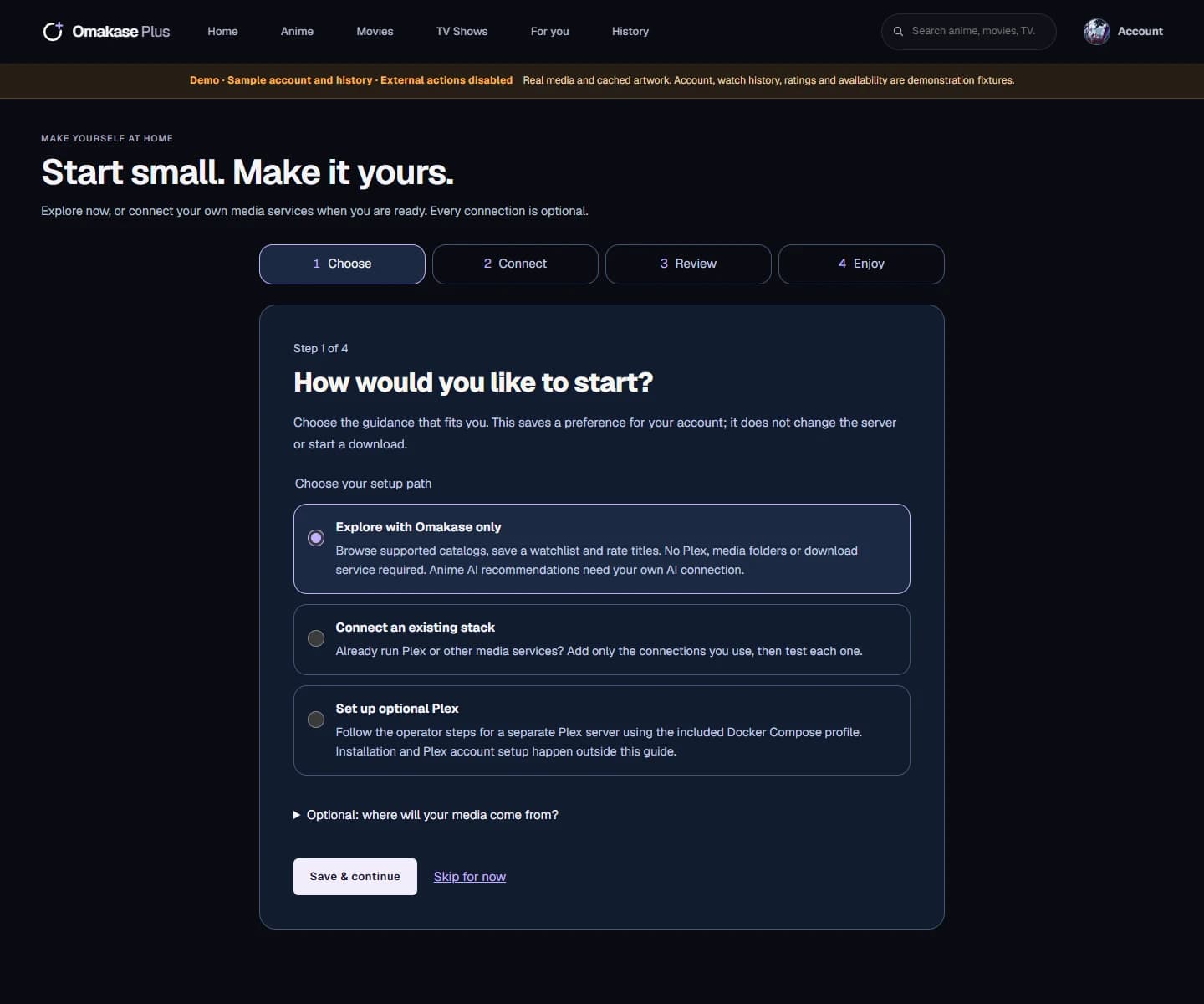 Omakase Plus setup choices for app-only use, existing services and optional Plex