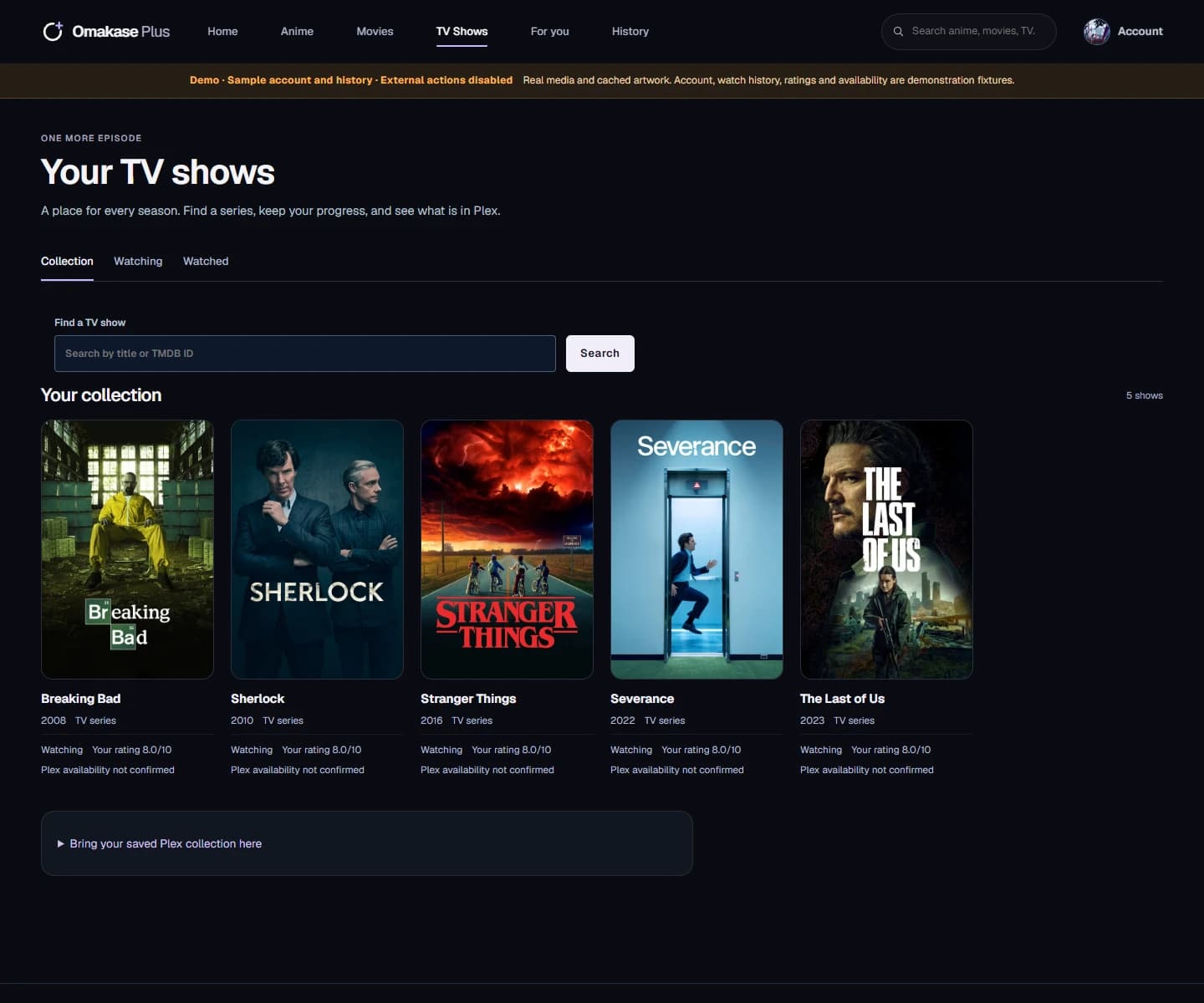 Real television series posters in the Omakase Plus sample TV collection
