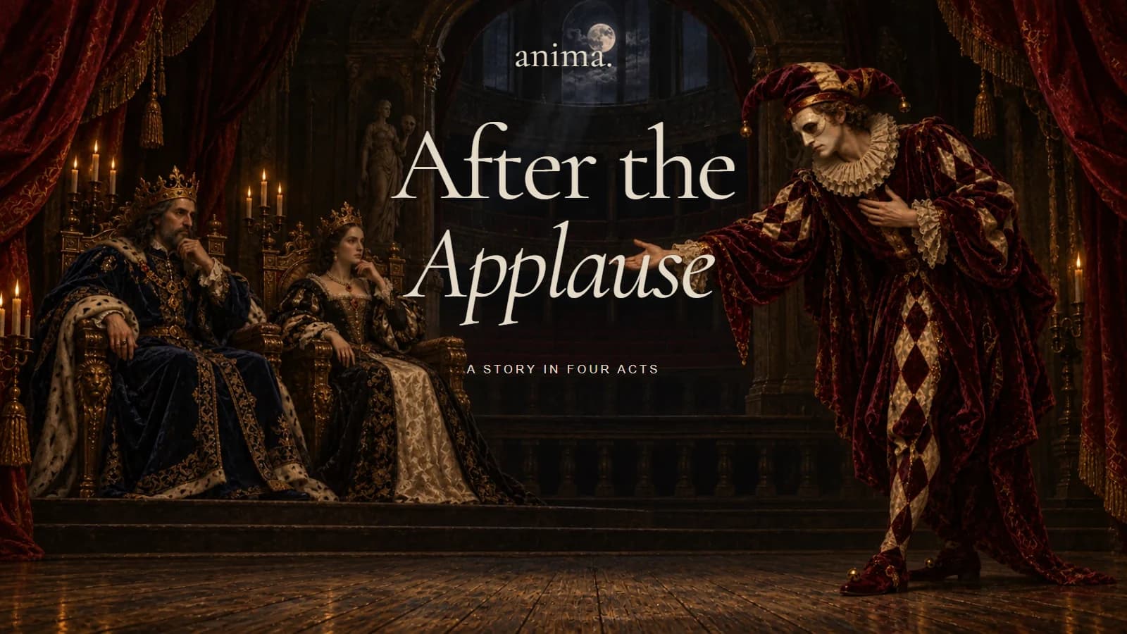 Anima: After the Applause, a jester facing a king and queen in a painted candlelit theatre