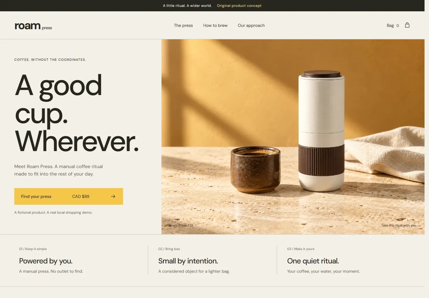 Roam Press concept with a cream portable coffee press, a coffee cup and warm golden product photography