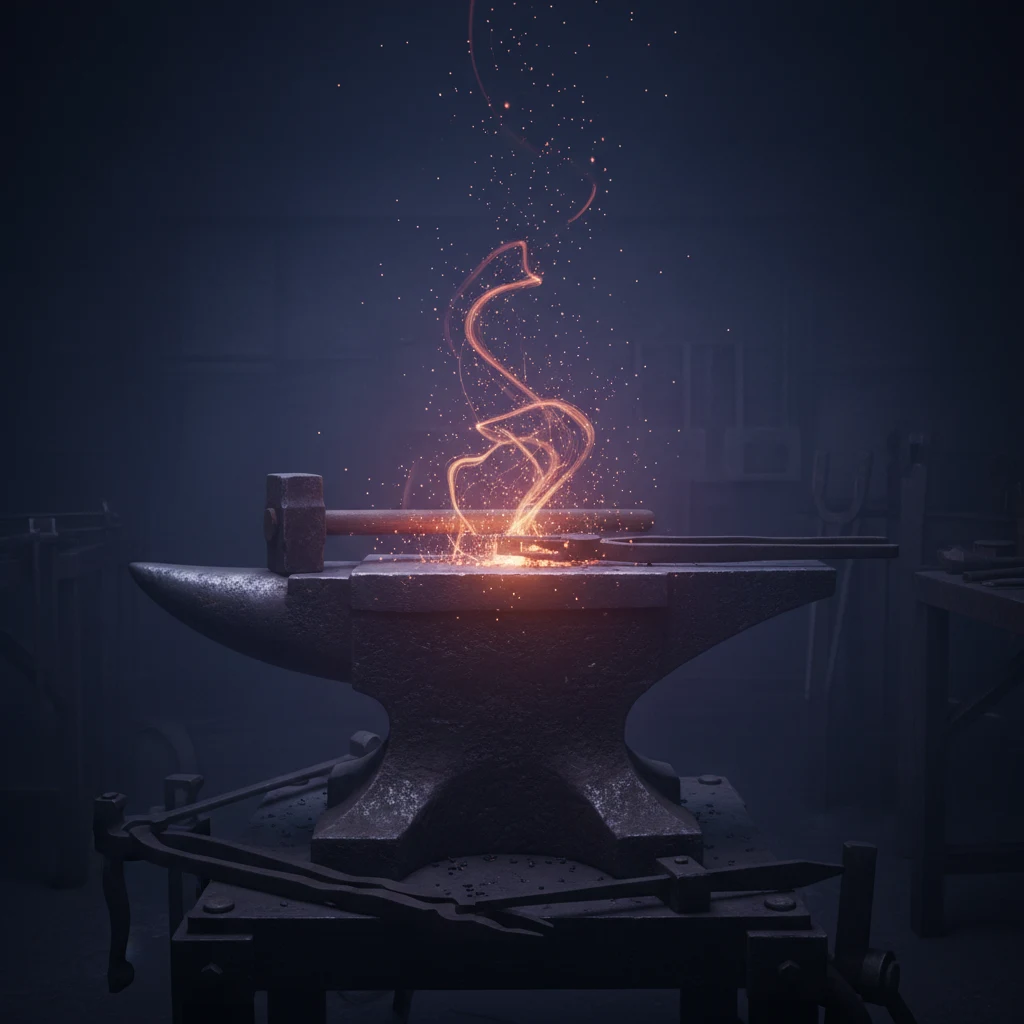 Nocturne forge — heavy iron anvil with violet embers floating upward, hammer and tongs resting, warm amber core fading into deep indigo void