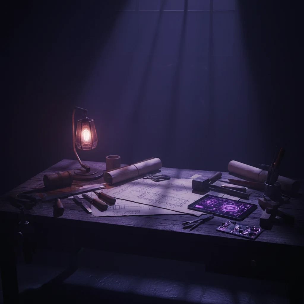 Nocturne workshop desk — scattered blueprints with violet ink annotations, crystal lamp casting dramatic shadows across old-world tools