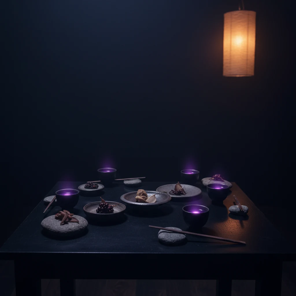 Nocturne tasting table — low lacquered wood table with ceramic dishes and glowing violet sake cups, refined minimal presentation