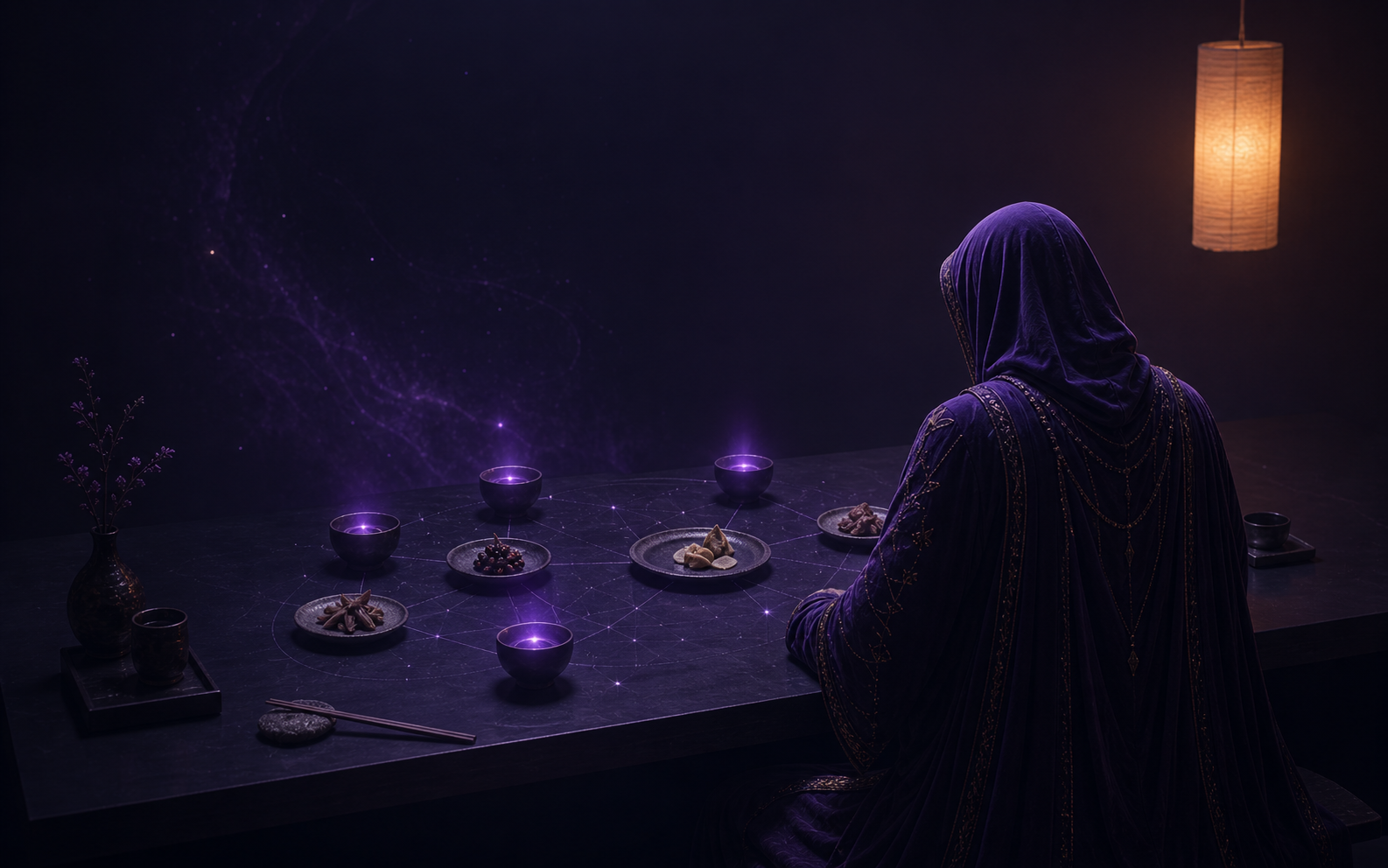 A cloaked operator at a nocturne tasting table arranged like a violet constellation